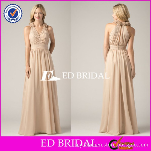 CE1063 2015 Fashion V-Neck Halter Handmade Flower Nude Long Bridesmaid Dresses